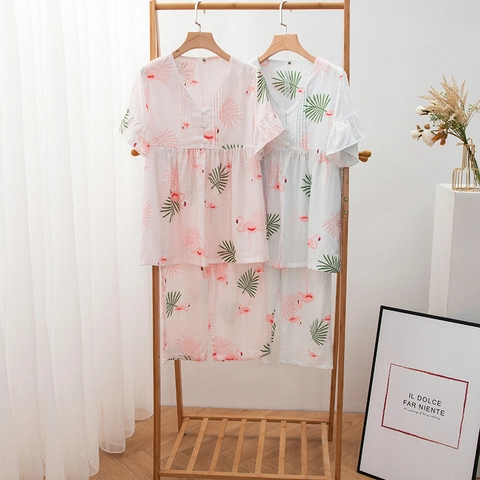 Women 100% Cotton Double Layer Gauze Flamingo Palm Leaf Pajama Set Ruffle Short Sleeve V-Neck Top And Cropped Pants