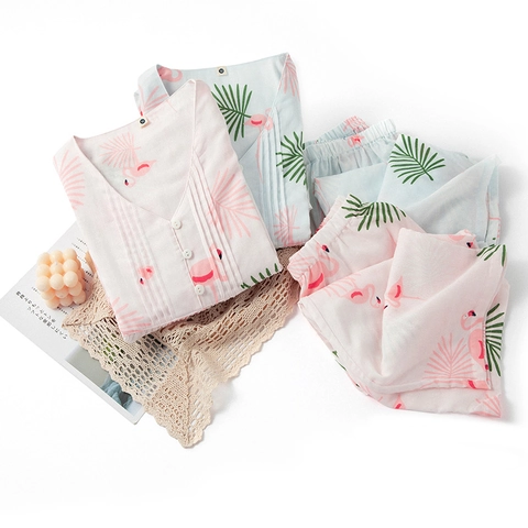 Women 100% Cotton Double Layer Gauze Flamingo Palm Leaf Pajama Set Ruffle Short Sleeve V-Neck Top And Cropped Pants