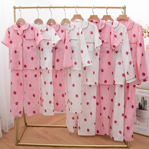 Girls Strawberry Print Pajama Set 100% Cotton Double Layer Gauze Long Short Sleeve Top and Pants Soft Sleepwear For Kids