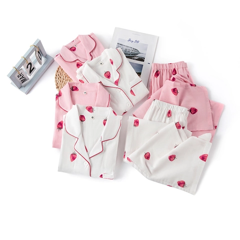 Girls Strawberry Print Pajama Set 100% Cotton Double Layer Gauze Long Short Sleeve Top and Pants Soft Sleepwear For Kids