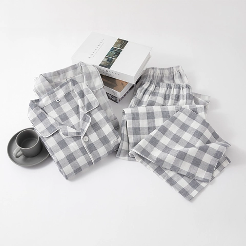 Pigiama da Uomo in 100% Cotone Doppia Garza Set a Quadri Manica Lunga Bottoni Top E Pantaloni Stile Giapponese Abbigliamento Casa
