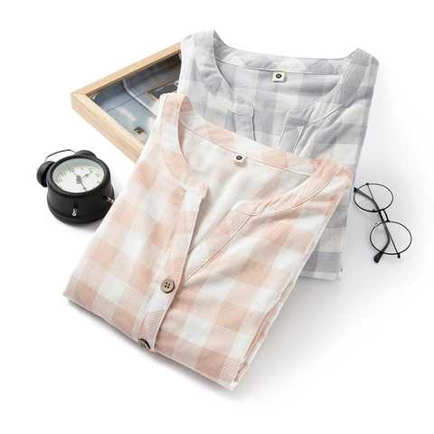 Women 100% Cotton Double Layer Gauze Plaid Nightdress V-Neck 3/4 Sleeve Button Down Sleepwear Loose Home Dress