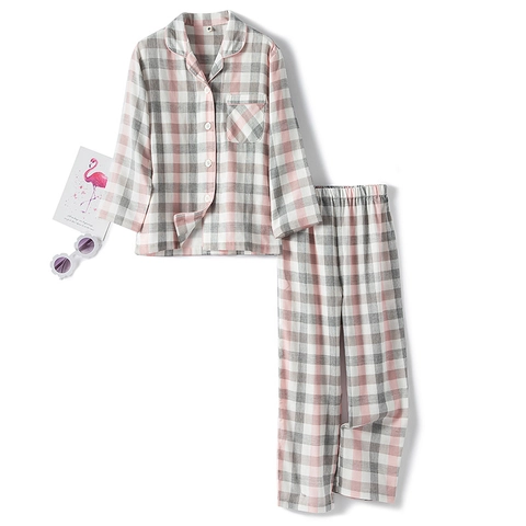 Kids Cotton Double Gauze Plaid Pajamas Set Long Short Sleeve Button Down Home Service Sleepwear For Boys Girls