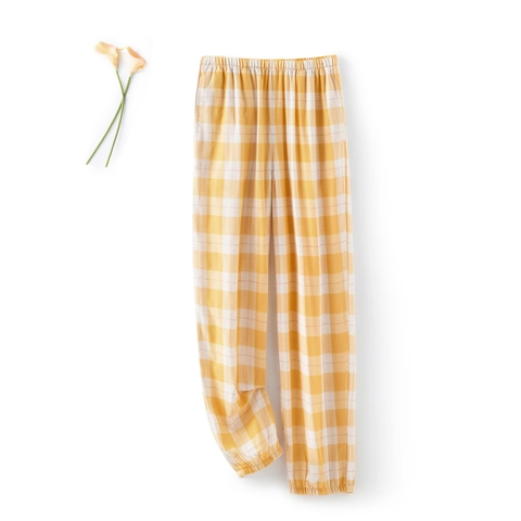 Cotton Double Layer Gauze Pajama Top And Pants Button Down Round Neck Checkered Loungewear For Women Men Spring Summer