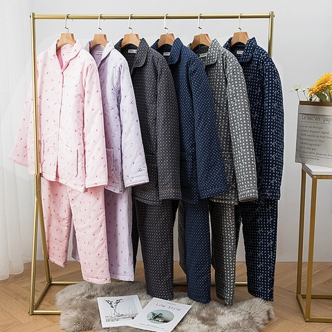 Verdickte Gesteppte Baumwolle Pyjama Oberteil Und Hose Für Damen Herren Winter Warm Thermische Hausanzug Langarm Schlafanzug