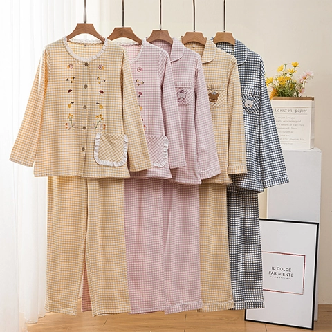 Cute Plaid 100% Cotton Pajamas Set For Women Men Sweet Embroidery Double-Ply Flannel Sleepwear Long Sleeve Loungewear