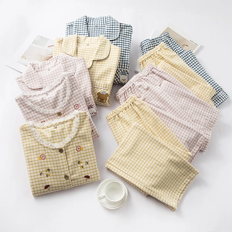 Cute Plaid 100% Cotton Pajamas Set For Women Men Sweet Embroidery Double-Ply Flannel Sleepwear Long Sleeve Loungewear