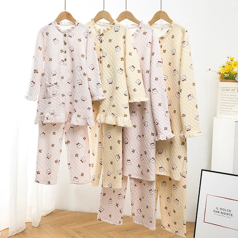Meisjes Schattige Berenprint Doorgestikt Katoen Pyjamaset Lange Mouwen Top En Broek Warme Luchtkatoen Ruffle Lounge Wear Set Voor Kinderen