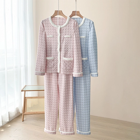 Damen Gesteppt Schlafanzug Set Warm Baumwolle Luftschicht Loungewear Elegant Hahnentritt Kariert Langarm Knopfleiste Nachtwäsche
