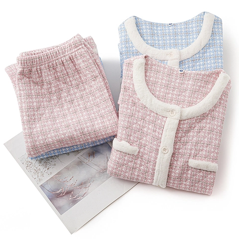 Damen Gesteppt Schlafanzug Set Warm Baumwolle Luftschicht Loungewear Elegant Hahnentritt Kariert Langarm Knopfleiste Nachtwäsche