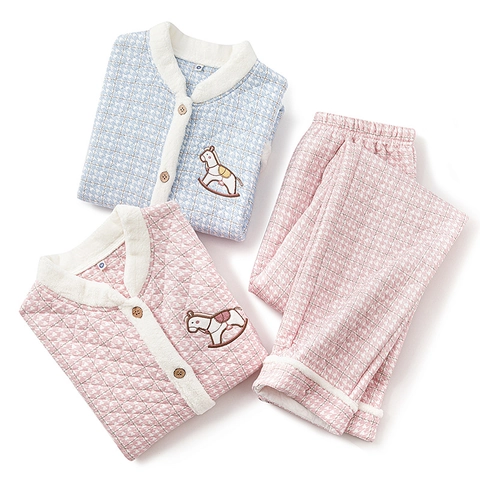Pigiama da Donna Casual Ispessito Trapuntato Set in Cotone Strato d'Aria Caldo Manica Lunga Loungewear Con Ricamo Cavallo