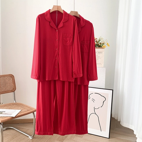 Mercerisierte Baumwolle Schlafanzug Set Rot Herz Bestickt Knopfleiste Langarm Top Und Hose Paar Loungewear Rot Home Suit Damen Herren
