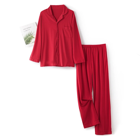 Mercerisierte Baumwolle Schlafanzug Set Rot Herz Bestickt Knopfleiste Langarm Top Und Hose Paar Loungewear Rot Home Suit Damen Herren