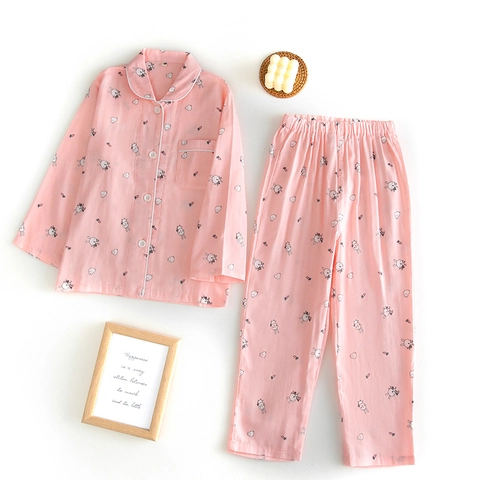 Kids Pajama Set 100% Cotton Double Layer Gauze Soft Breathable Cartoon Car Bunny Print Sleepwear Home Suit Boys Girls