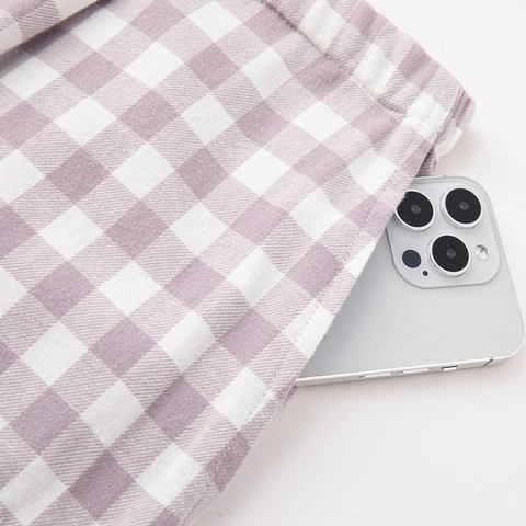 Pigiama Donna in Cotone a Righe Top e Pantaloni a Quadri Scollo a V Manica Lunga Ricamo Uccello Abbigliamento da Casa