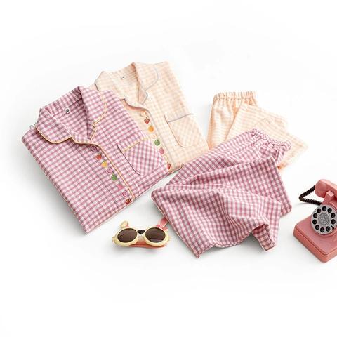 Kinder Pyjama Set Kariert 100% Baumwolle Gebürstet Langarm Oberteil Und Hose Süße Fruchtknöpfe Nachtwäsche Für Jungen Mädchen