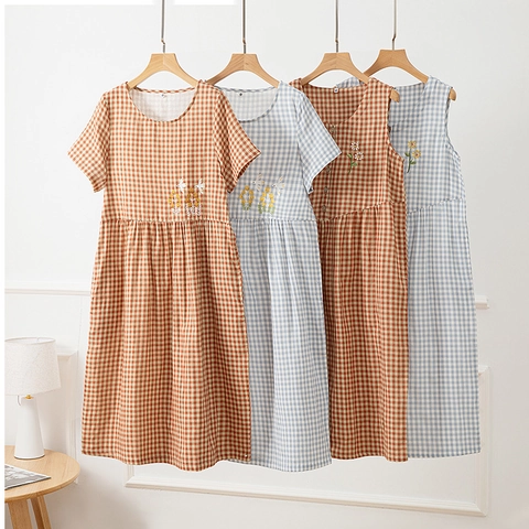 Camicia da Notte da Donna in Puro Cotone Garza a Doppio Strato Ricamo a Quadri Gingham Margherite Manica Corta Senza Maniche