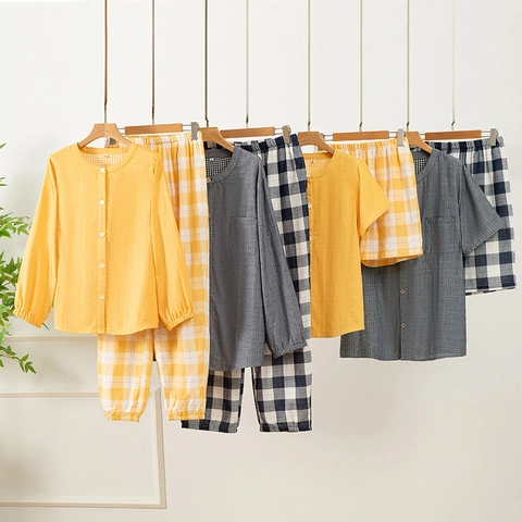 Cotton Double Layer Gauze Pajama Top And Pants Button Down Round Neck Checkered Loungewear For Women Men Spring Summer