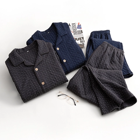Set Pigiama da Uomo a 3 Strati in Cotone Strato d'Aria a Pois Trapuntato Maglia a Maniche Lunghe e Pantaloni