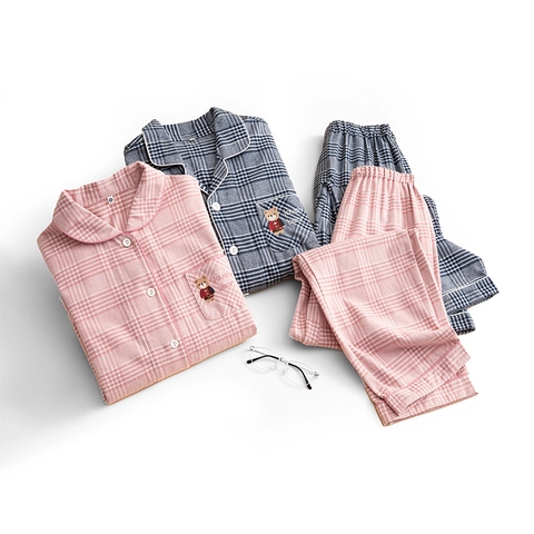 Pigiama a Quadri in Cotone Casual per Coppie Ricamo Orso Manica Lunga Cardigan Scollo a V Abbigliamento da Notte Loungewear Tuta da Casa