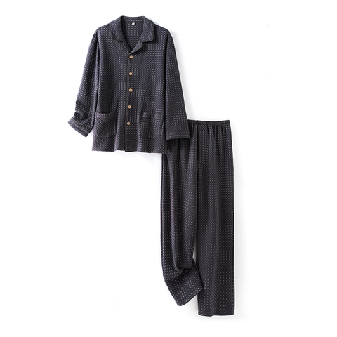 Set Pigiama da Uomo a 3 Strati in Cotone Strato d'Aria a Pois Trapuntato Maglia a Maniche Lunghe e Pantaloni