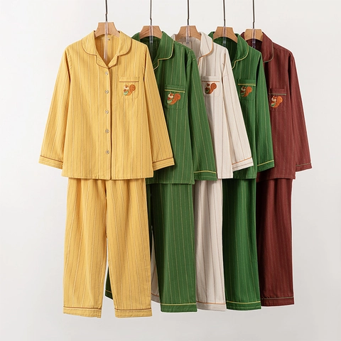 Striped 100% Cotton Flannel Pajamas For Couples Lapel Button Down Sleepwear Top And Pants With Squirrel Embroidery