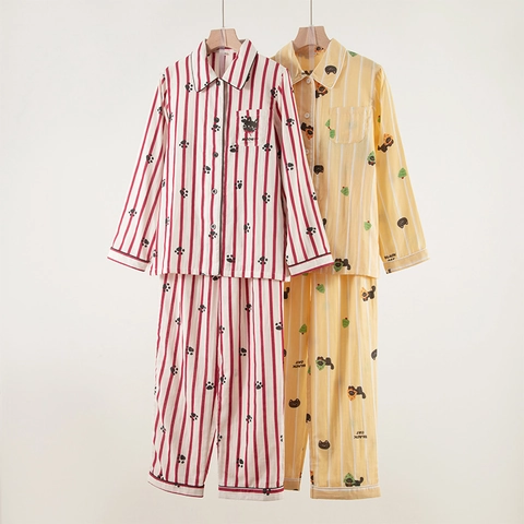 Damen Baumwolle Doppelgaze Schlafanzug-Set Streifen Cartoon Katze Bedruckt Langarm Shirt Und Hose Home Wear Pyjama Anzug