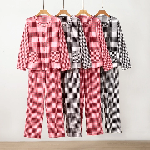 Women Brushed Cotton Plaid Pajamas Long Sleeve Top And Pants Casual Loungewear Gingham Home Clothing Winter Sleepwear