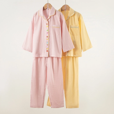 Kids Cotton Pajamas Long Sleeve Top And Pants Gingham Home Wear With Fruit Buttons Double Gauze Sleepwear For Boys Girls