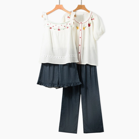 Women 100% Cotton Double Layer Gauze Pajamas Top And Pants Japanese Embroidery Soft Homewear Breathable Sleepwear Lounge Wear