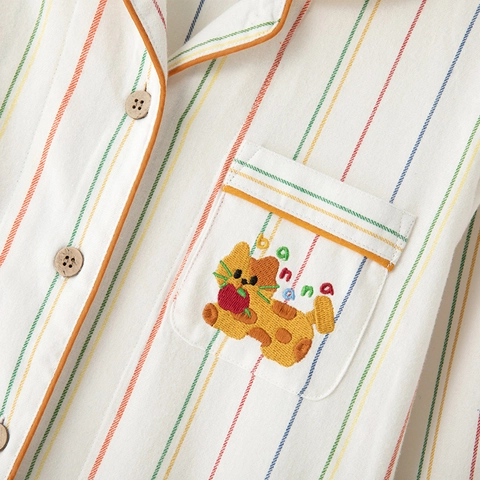 Ensemble Pyjama en Coton Rayé Arc-en-ciel pour Femmes Manches Longues Boutonné Vêtement de Nuit avec Broderie Chat Casual