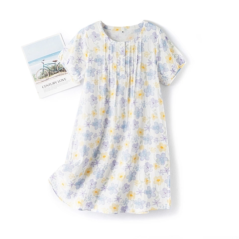 Camicia da Notte da Donna in Puro Cotone Doppia Garza Floreale Manica Corta Abbigliamento da Casa Dolce