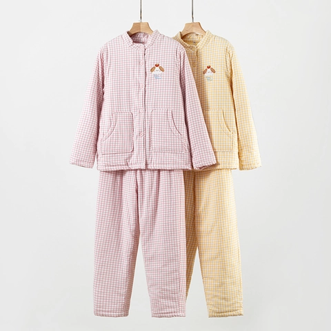 Ensemble de Pyjama en Coton Matelassé à Trois Couches Épaissi pour Femme Imprimé Plaid Col Montant Manches Longues et Pantalon