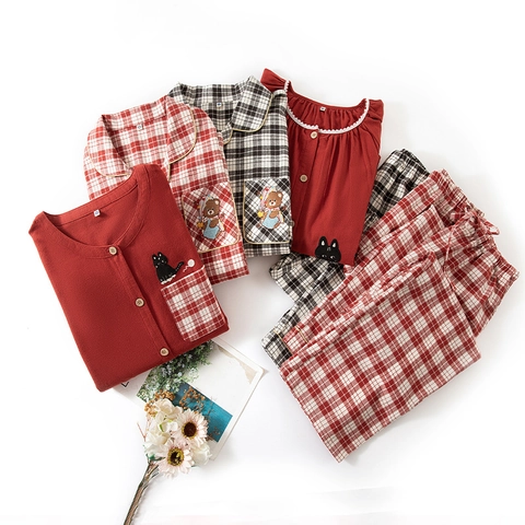 Set Pigiama a Quadri 100% Cotone Coppia Autunno Inverno Manica Lunga Flanella Spazzolata Abbigliamento Casa Casual Uomo Donna