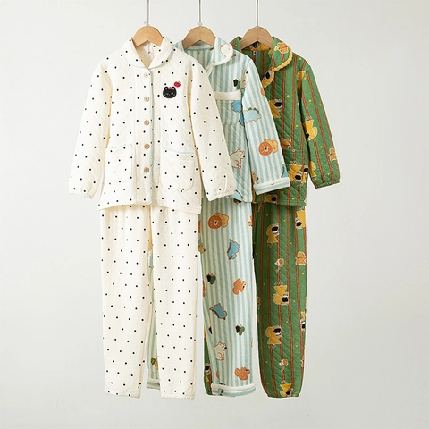 Kids Quilted Thermal Pajamas Top And Pants 3-Layer Air Cotton Warm Homewear Cartoon Print Winter Sleepwear For Boys Girls