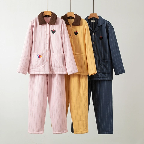 Set Pigiama Trapuntato in Cotone a 3 Strati per Uomo Donna Invernale Termico a Righe con Collo in Peluche Top e Pantaloni