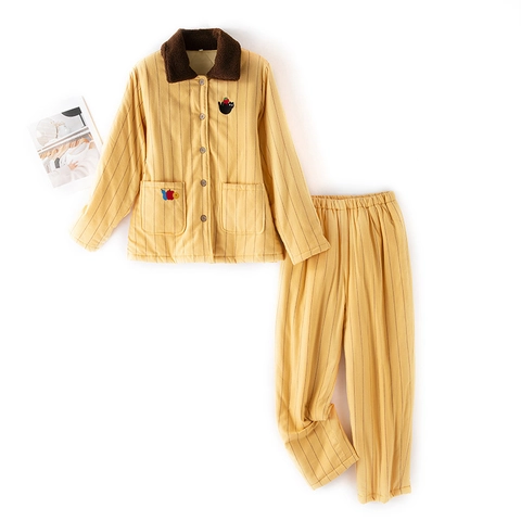 Set Pigiama Trapuntato in Cotone a 3 Strati per Uomo Donna Invernale Termico a Righe con Collo in Peluche Top e Pantaloni