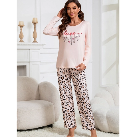 Damen Pyjama-Set Rosa Langarm Rundhals Top Mit Love Herz Druck Und Leopardenmuster Lange Hose Casual Homewear Schlafanzug