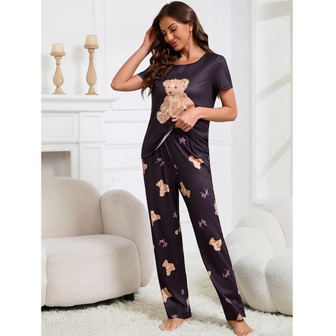 Cute Cartoon Teddy Bear Print Women Pajama Set Short Sleeve Top And Long Pants Polyester Spandex Loungewear Sleepwear