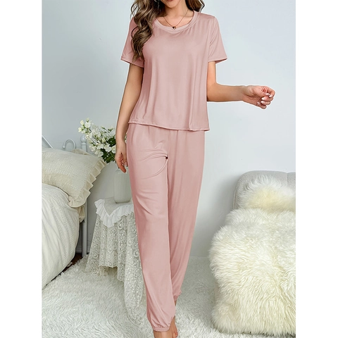 Women's Casual Loungewear Short Sleeve Round Neck Top And Cuffed Long Pants Pajamas Polyester Spandex Solid Color Sleepwear