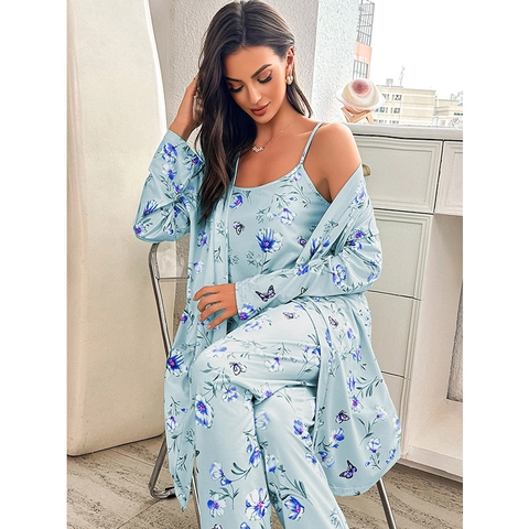 Women Floral Butterfly Print Loungewear Includes Long Sleeve Robe Camisole And Pants Soft Milk Silk Pajama Homewear