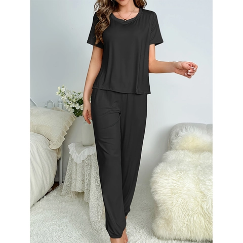 Women's Casual Loungewear Short Sleeve Round Neck Top And Cuffed Long Pants Pajamas Polyester Spandex Solid Color Sleepwear
