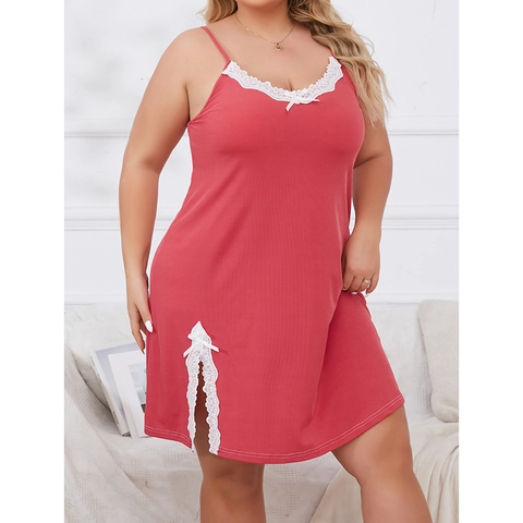 Damen Übergröße Nachthemd Spitze V-Ausschnitt Cami Schlafkleid Schleife Dekor Ärmelloses Polyester Mischung Atmungsaktive Homewear