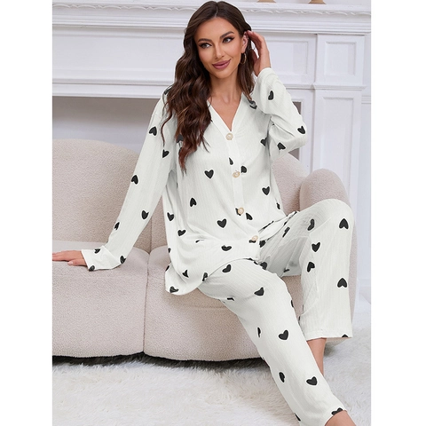 Women Heart Print Pajama Set Long Sleeve V-Neck Button Down Ribbed Loungewear Two Piece Sleepwear For Women