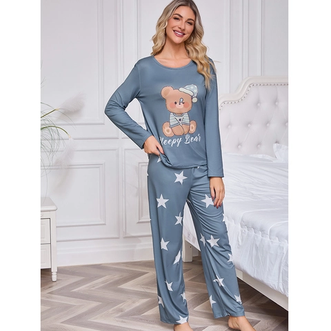 Women's Casual Pajama Set Long Sleeve Cartoon Bear Printed Top And Five-Pointed Star Pattern Pants Loungewear Nightwear