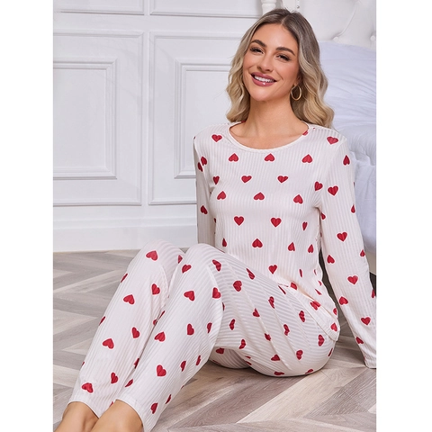 Damen Herz Druck Rippen Pyjama Set Langarm Rundhals Oberteil Und Hose Zwei Stück Süße Hauskleidung Nachtwäsche