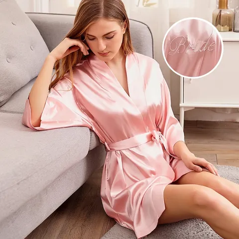 Women Satin Bride Robe V-Neck Embroidery Kimono Sleepwear Belted Faux Silk Bathrobe Bridesmaid Wedding Party Lounge Robe