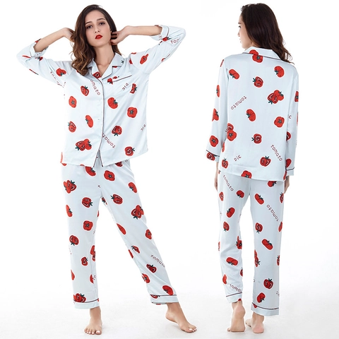 Women's Satin Pajama Top And Pants Tomato Print Long Sleeve Sleepwear V-Neck Button Down Loungewear Casual Home Soft Wear
