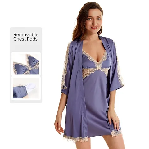 Camicia da Notte in Raso E Vestaglia in Pizzo Donna Scollo a V Con Coppe Rimovibili Abbigliamento da Casa Sexy