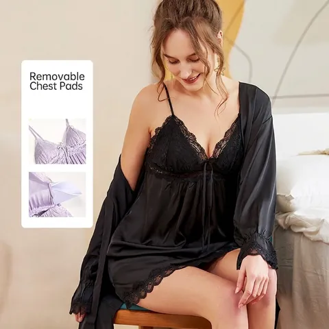 Γυναικείο Σέξι Σετ Νυχτικών από Σατέν και Δαντέλα Με Αφαιρούμενη Ενίσχυση Νυχτικό και Ρόμπα με Μακρύ Μανίκι